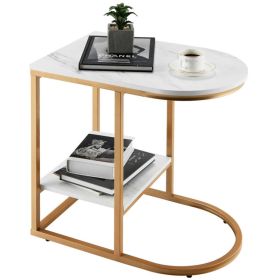 2-Tier C-Shaped Side Table with Faux Marble Tabletop and Golden Steel Frame - White