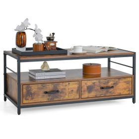 Coffee Table with 2 Drawers and Open Shelf for Living Room - Rustic Brown