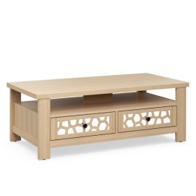3-tier Coffee Table with 2 Drawers and 5 Support Legs - Natural