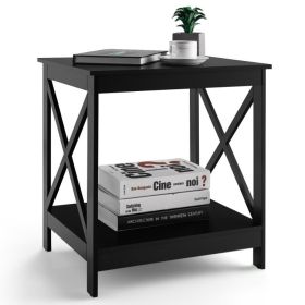 2-Tier Side Table with X-shape Design and 4 Solid Legs - Black
