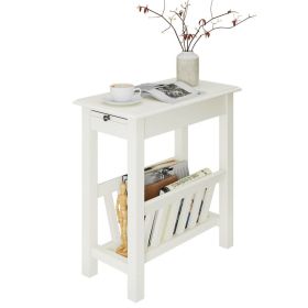 2-Tier Narrow End Table with Pull-out Tray and Solid Rubber Wood Legs - White