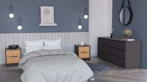 Sydney 3 Piece Bedroom Set, Nightstand + Nightstand + Drawer Dresser, Black / Pine - Black / Pine