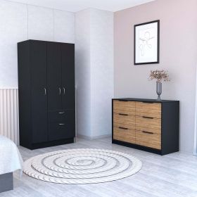Crete 2 Piece Bedroom Set, Armoire + Drawer Dresser, Black / Pine - Black / Pine