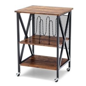 3 Tiers Vintage Style Rolling End Table with 3 Dividers for Albums - Brown