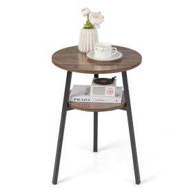 2-Tier Round End Table with Open Shelf and Triangular Metal Frame - Brown