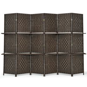 6 Panel Folding Weave Fiber Room Divider with 2 Display Shelves - Brown