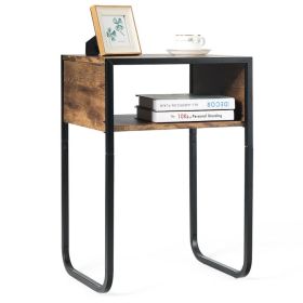Industrial Side Table with Anti-Rust Steel Frame and Open Storage - Brown