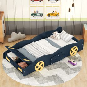 Twin Size Race Car-Shaped Platform Bed with Wheels and Storage, Dark Blue+Yellow - as Pic