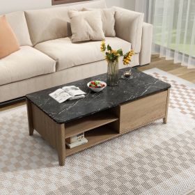 47 Inch Modern Farmhouse Double Drawer Coffee Table for Living Room or Office , Tobacco Wood and Marble Texture - as Pic