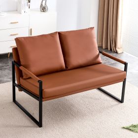 Modern Two-Seater Sofa Chair with 2 Pillows - PU Leather, High-Density Foam, Black Coated Metal Frame.Brown SF-D008 - as Pic