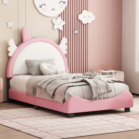 Cute Twin size Upholstered Bed With Unicorn Shape Headboard,Twin Size Platform Bed with Headboard and Footboard,White+Pink - as Pic