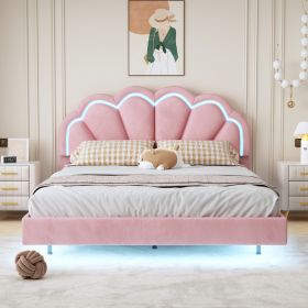 Queen Upholstered Smart LED Bed Frame with Elegant Flowers Headboard,Floating Velvet Platform LED Bed with Wooden Slats Support,Pink - as Pic