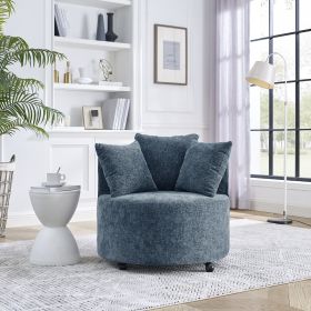 Modern Chenille Upholstered Swivel Backrest Chair for Living Room, with Movable Wheels, Including 3 Pillows, Navy - as Pic