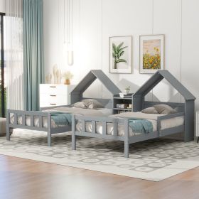 Double Twin Size Platform Bed with House-shaped Headboard and a Built-in Nightstand, Grey - as Pic