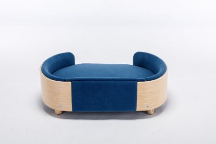 Scandinavian style Elevated Dog Bed Pet Sofa With Solid Wood legs and Bent Wood Back, Velvet Cushion,Mid Size,Dark Blue - as Pic