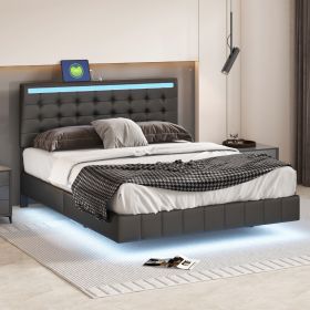 Queen Size Floating Bed Frame with LED Lights and USB Charging,Modern Upholstered Platform LED Bed Frame,Black - as Pic