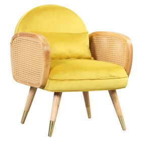 Amchair with Rattan Armrest and Metal Legs Upholstered Mid Century Modern Chairs for Living Room or Reading Room, Yellow - as Pic