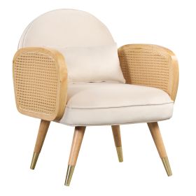 Amchair with Rattan Armrest and Metal Legs Upholstered Mid Century Modern Chairs for Living Room or Reading Room, White - as Pic
