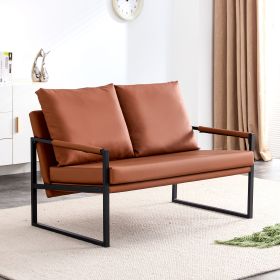 Modern Two-Seater Sofa Chair with 2 Pillows - PU Leather, High-Density Foam, Black Coated Metal Frame.BrownSF-D008-BR - as Pic