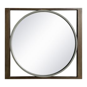 Round Wall Mirror with Rectangular Wooden Frame, Brown - as Pic