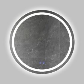 32 x 32 Inch Round Frameless LED Illuminated Bathroom Mirror, Touch Button Defogger, Metal, Frosted Edges, Silver - as Pic