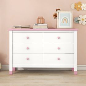 Wooden Storage Dresser with 6 Drawers,Storage Cabinet for kids Bedroom,White+Pink - as Pic