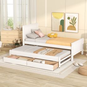 Twin Size Platform Bed with Trundle and Drawers, White - as Pic
