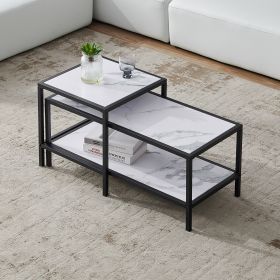 Modern Nesting coffee table Square & rectangle,Black metal frame with wood marble color top - as Pic
