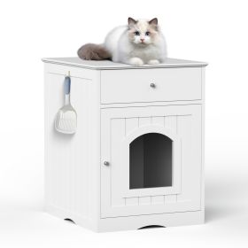 Wooden Pet House Cat Litter Box Enclosure with Drawer, Side Table, Indoor Pet Crate, Cat Home Nightstand (White) - as Pic