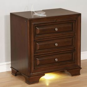 Brown Cherry Solid wood 1pc Nightstand Nickel Round Knob Transitional Style 3-Drawers Nightstand w Under Nightlight - as Pic