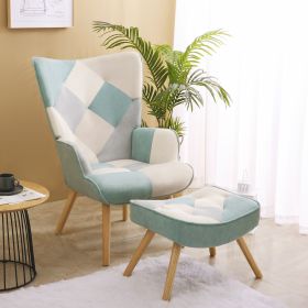 Accent Chair with Ottoman, Living Room Chair and Ottoman Set, Comfy Side Armchair for Bedroom, Creative Splicing Cloth Surface, Blue - as Pic