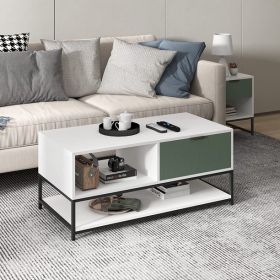 Watson White and Green Wood Coffee Table Steel Frame with Shelves and Drawer - as Pic
