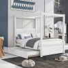 Wood Canopy Bed with Trundle Bed ,Full Size Canopy Platform bed With Support Slats .No Box Spring Needed, Brushed White - as Pic