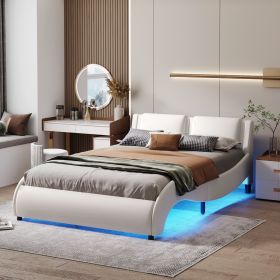 Full Size Upholstered Faux Leather Platform Bed with LED Light Bed Frame with Slatted - White - as Pic