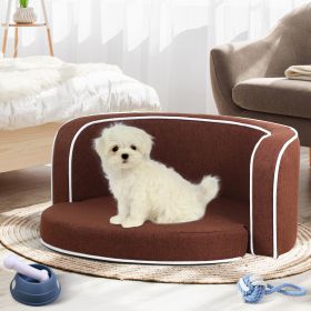 35" Brown Pet Sofa with Wooden Structure and Linen Goods White Roller Lines on the Edges Curved Appearance pet Sofa with Cushion - as Pic