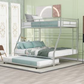 Twin over Full Bed with Sturdy Steel Frame, Bunk Bed with Twin Size Trundle, Two-Side Ladders - Silver