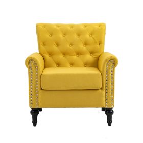 Mid-Century Modern Accent Chair, Linen Armchair w/Tufted Back/Wood Legs, Upholstered Lounge Arm Chair Single Sofa for Living Room Bedroom - Yellow