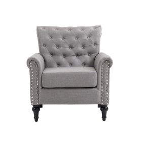 Mid-Century Modern Accent Chair, Linen Armchair w/Tufted Back/Wood Legs, Upholstered Lounge Arm Chair Single Sofa for Living Room Bedroom - Light Gray