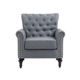 Mid-Century Modern Accent Chair, Linen Armchair w/Tufted Back/Wood Legs, Upholstered Lounge Arm Chair Single Sofa for Living Room Bedroom - Gray