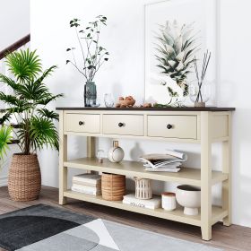 Retro Design Console Table with Two Open Shelves, Pine Solid Wood Frame and Legs for Living Room - Beige