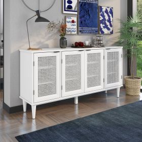 Large Storage Space Sideboard with Artificial Rattan Door and Unobtrusive Doorknob for Living Room and Entryway - White