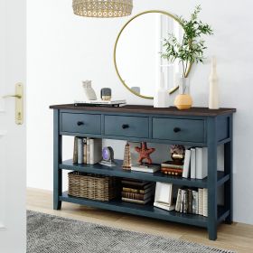 Retro Design Console Table with Two Open Shelves, Pine Solid Wood Frame and Legs for Living Room - Navy