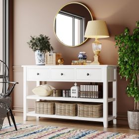 Retro Design Console Table with Two Open Shelves, Pine Solid Wood Frame and Legs for Living Room - Antique White