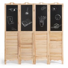 4-Panel Folding Privacy Room Divider Screen with Chalkboard - natural