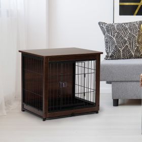 Indoor Dog Crate, Sofa Side End Table, 2-Tier Wooden Pet Cage with Removable Tray, Walnut - small