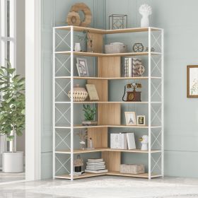 7-Tier Bookcase Home Office Bookshelf, L-Shaped Corner Bookcase with Metal Frame, Industrial Style Shelf with Open Storage, MDF Board - Oak