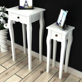 Nesting Side Table Set 2 Pieces with Drawer White - White