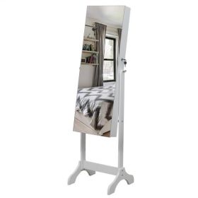 Full Mirror Wooden Foor Standing 4-layer Shelf with Inner Mirror 2 Drawer Jewelry Storage Adjustable Mirror Cabinet -Dark - white