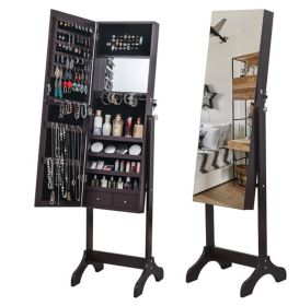 Full Mirror Wooden Foor Standing 4-layer Shelf with Inner Mirror 2 Drawer Jewelry Storage Adjustable Mirror Cabinet -Dark - brown