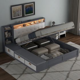 Queen Size Platform Bed Frame with Upholstery Headboard and Storage Shelves and,USB Charging,Gray - as Pic